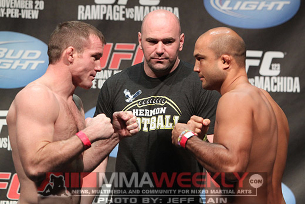Matt Hughes and BJ Penn at the UFC 123 weigh-ins