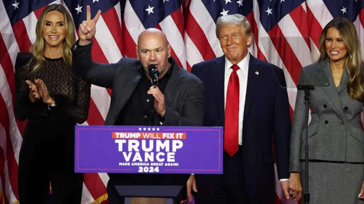 donald trump and dana white on stage during trumps victory speech Dana White da un poderoso discurso en la fiesta de la victoria de Donald Trump